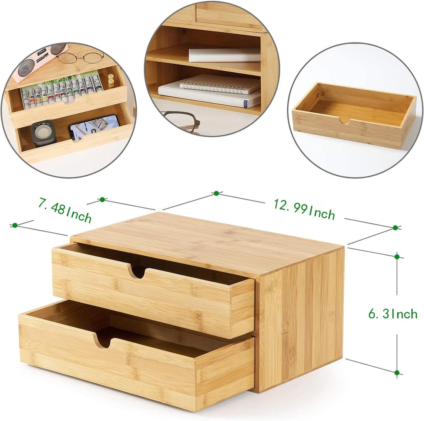 Wisuce Bamboo Desk Drawer Organizer, Desktop Organizer with Drawers Tabletop Storage Organization Box for Office Home Toiletries Supplies Vanity, No Assembly Required(3 Drawers-left right)