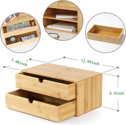 Wisuce Bamboo Desk Drawer Organizer, Desktop Organizer with Drawers Tabletop Storage Organization Box for Office Home Toiletries Supplies Vanity, No Assembly Required(3 Drawers-left right)