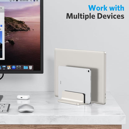 OMOTON Vertical Laptop Stand [Updated 3-Slots Version], Desktop Aluminum Mac Book Stand with Adjustable Dock Size, Fits All Mac Book, Chrome Book and Gaming Laptops (Up to 17.3 inch), Starlight