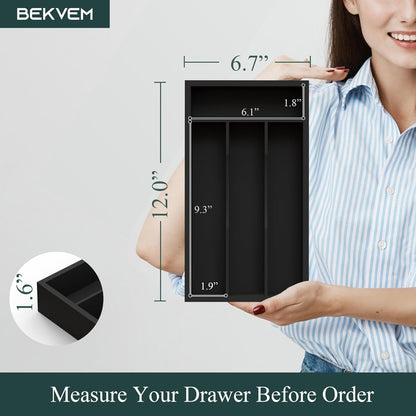 Small Silverware Organizer, Bamboo Kitchen Drawer Organizer, Utensil Holder, Cutlery Tray & Spoon Flatware Storage with Grooved Drawer Dividers (6.7''W x 12''D)