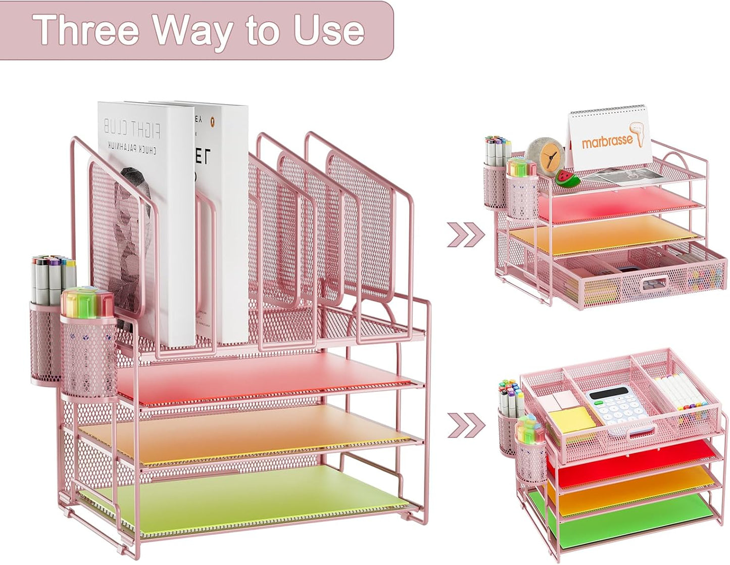 Marbrasse Desk Organizer with Drawer, 4-Tier Mesh File Organizer with 5 Vertical File Holders and 2 Pen Holders, Multifunction Desktop Organizer,Desk Organizers and Accessories for Home Office