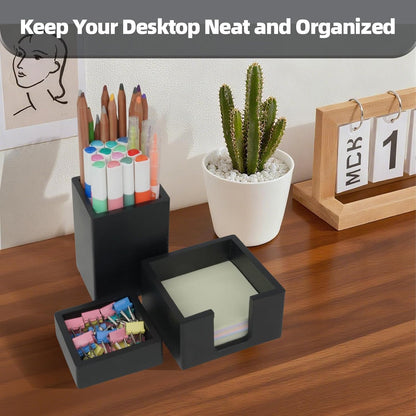 RAWILL 3 PCS Black Wooden Desk Organizer Set Pine Wood Office Desk Accessories with Pen Holder, Paperclip Storage and Sticky Note Holder, Wood Grain Clear, Ideal Gift for Office and Family