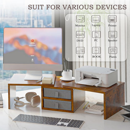 TEAMIX Dual Monitor Stand Riser with 2 Drawers-Length and Angle Adjustable 3 Shelf Monitor Riser with Storage Desk Organizer Large Computer Monitor Stand for 2 Monitors/Laptop/PC,Wood Screen/TV Stand