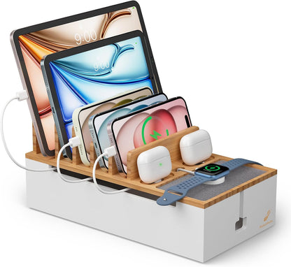 Pezin & Hulin Multi Charger Station Organizer Rack, Bamboo Cable Management Box, Power Strips and Cord Hider, Nightstand Device Organizer (Include 6 Cables)(No Power Charging Supply) -White