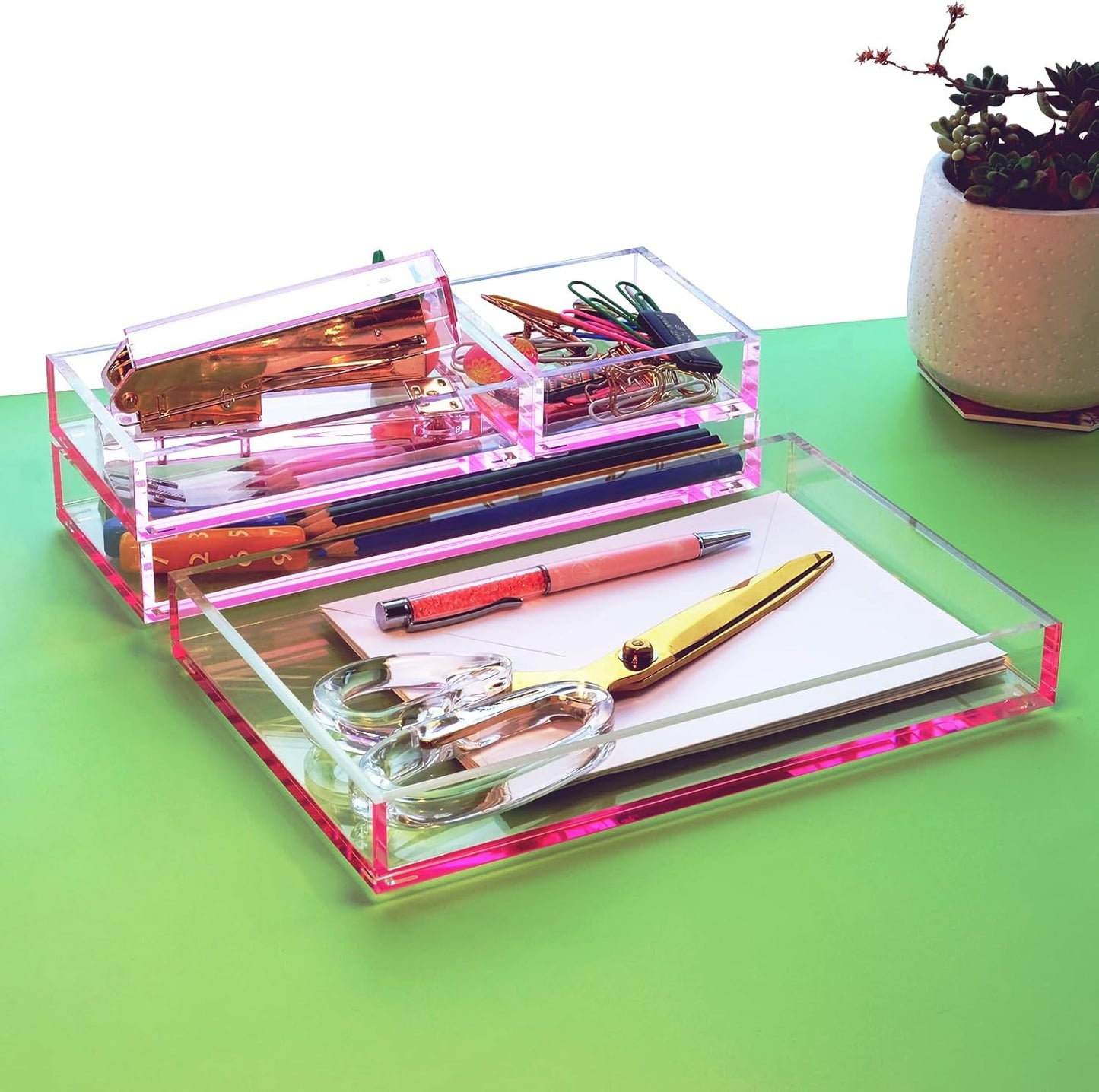 Clear Acrylic Desk Organizer for Office or Home Desk Drawer Dividers, Makeup Vanity Storage Bins, Stackable 4-Pack, Acrylic Accessory and Half Accessory Tray/Small Tray