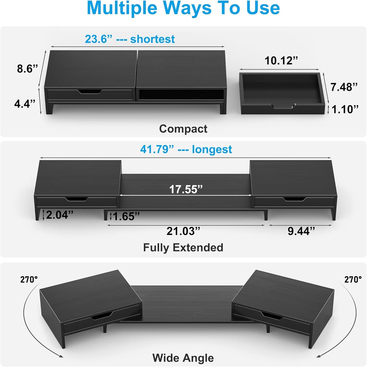 Epesoware Dual Monitor Riser with Two Drawers for Desk, Bamboo Monitor Stand Riser with Storage, Desk Shelf for Computer, IMac & Laptop, No Assembly Required, Black