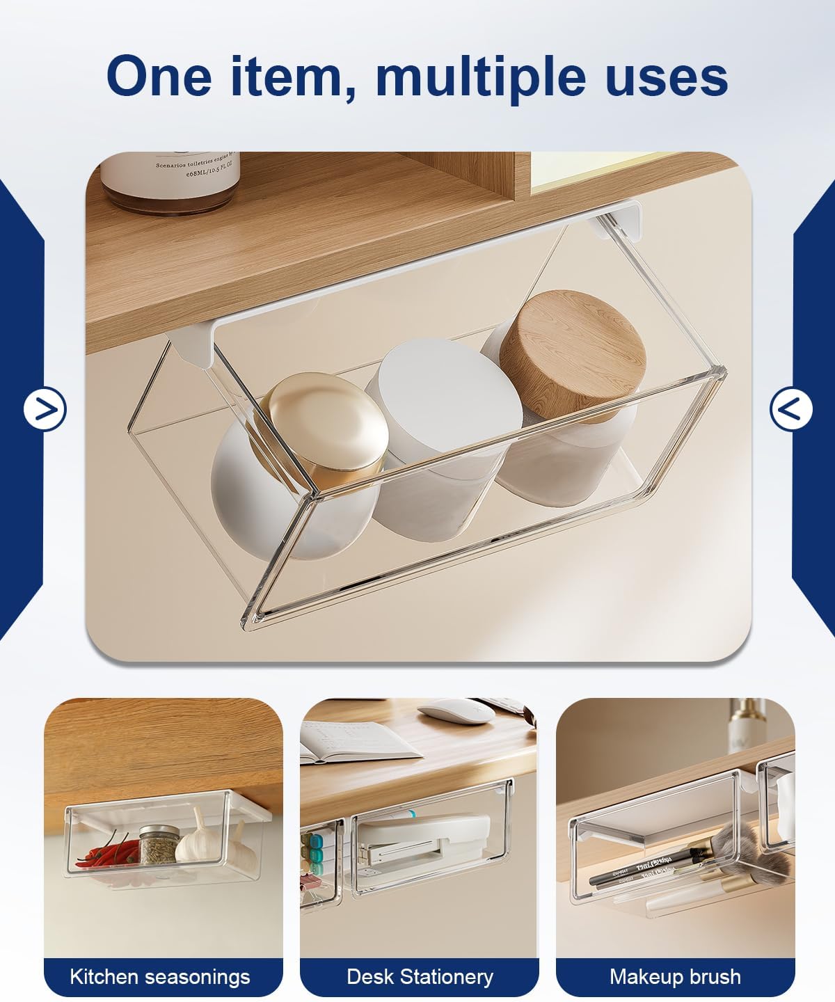 Hanging Cabinet Organizer – 33° Tilted Under Desk Drawer & Bathroom Storage – Self-Adhesive Clear Pull-Out Bins for Kitchen, Office & Vanity (Medium)