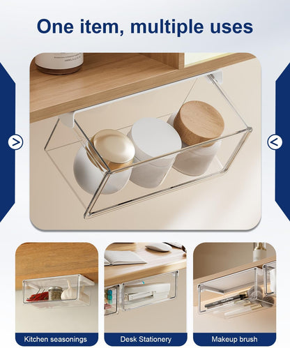 Hanging Cabinet Organizer – 33° Tilted Under Desk Drawer & Bathroom Storage – Self-Adhesive Clear Pull-Out Bins for Kitchen, Office & Vanity (Medium)