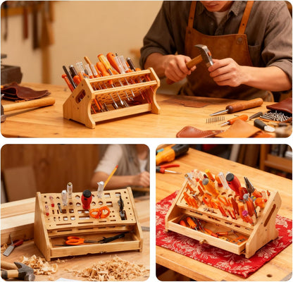 Wooden Screwdriver Organizer,Tool Bench Organizer, Repair Tool Storage Rack for Handicraft Desktop, Multi-functional Bamboo Tool Holder with Drawer