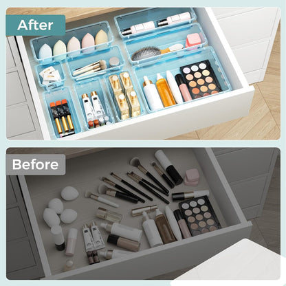 WOWBOX 44 PCS Clear Plastic Drawer Organizer Set, 4 Varied Size storage Bins and Desk Drawer Organizer tool Trays for Makeup, Gadgets, Jewelry and Utensils in Bathroom, Bedroom and Office, Clear Black