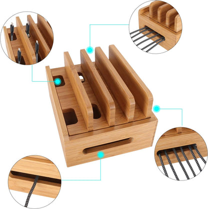 Bamboo Wood Multi-Device Desktop Dock Station Charger Holder Charging Cradle Charge Stand Compatible for iPhone 16 15 14 13 12 11 Pro Max XS XR X iPad 3 4 Mini Pro Air Samsung Huawei Smartphones