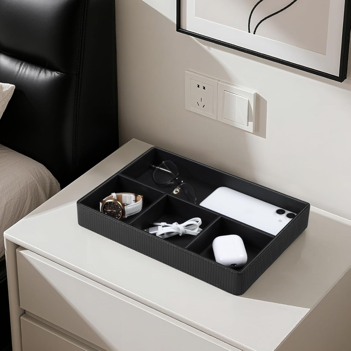 PU Leather Valet Tray, Decorative Trinket Vanity Desk Drawer Organizer Tray, Perfume Dish Catch All Bowl for Keys, Nightstand Drawer Organizer Women Men with 4 Compartments (Cream-White)