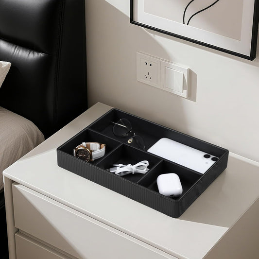 PU Leather Valet Tray, Decorative Trinket Vanity Desk Drawer Organizer Tray, Perfume Dish Catch All Bowl for Keys, Nightstand Drawer Organizer Women Men with 4 Compartments (Cream-White)