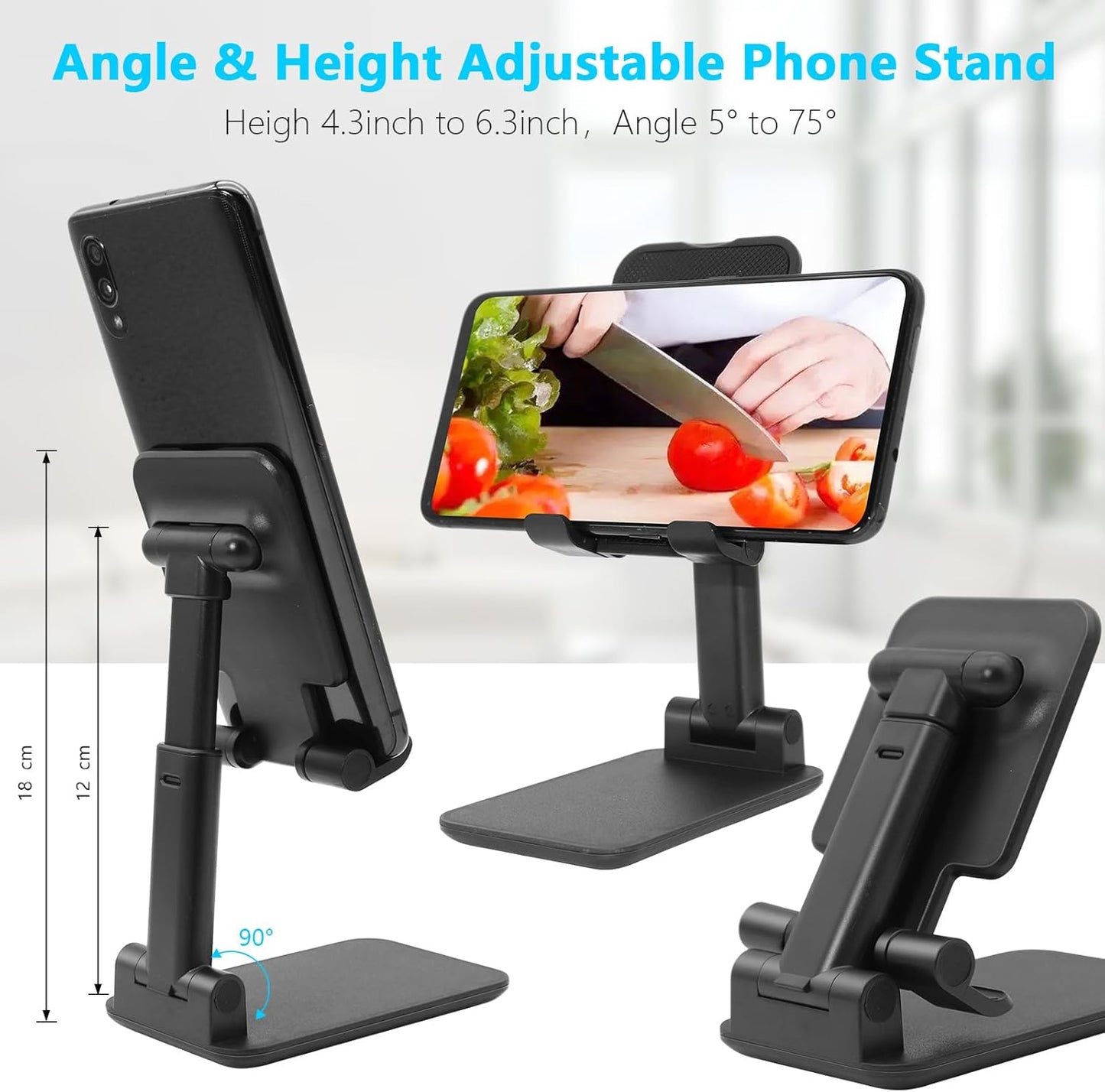Cell Phone Stand, Folding Desktop Phone Stand, Angle Height Adjustable Mobile Phone Holder for Desk, Office, Tablet Stand Compatible with All Phones 4-10 Inches Cell Phone/Tablet (Black)