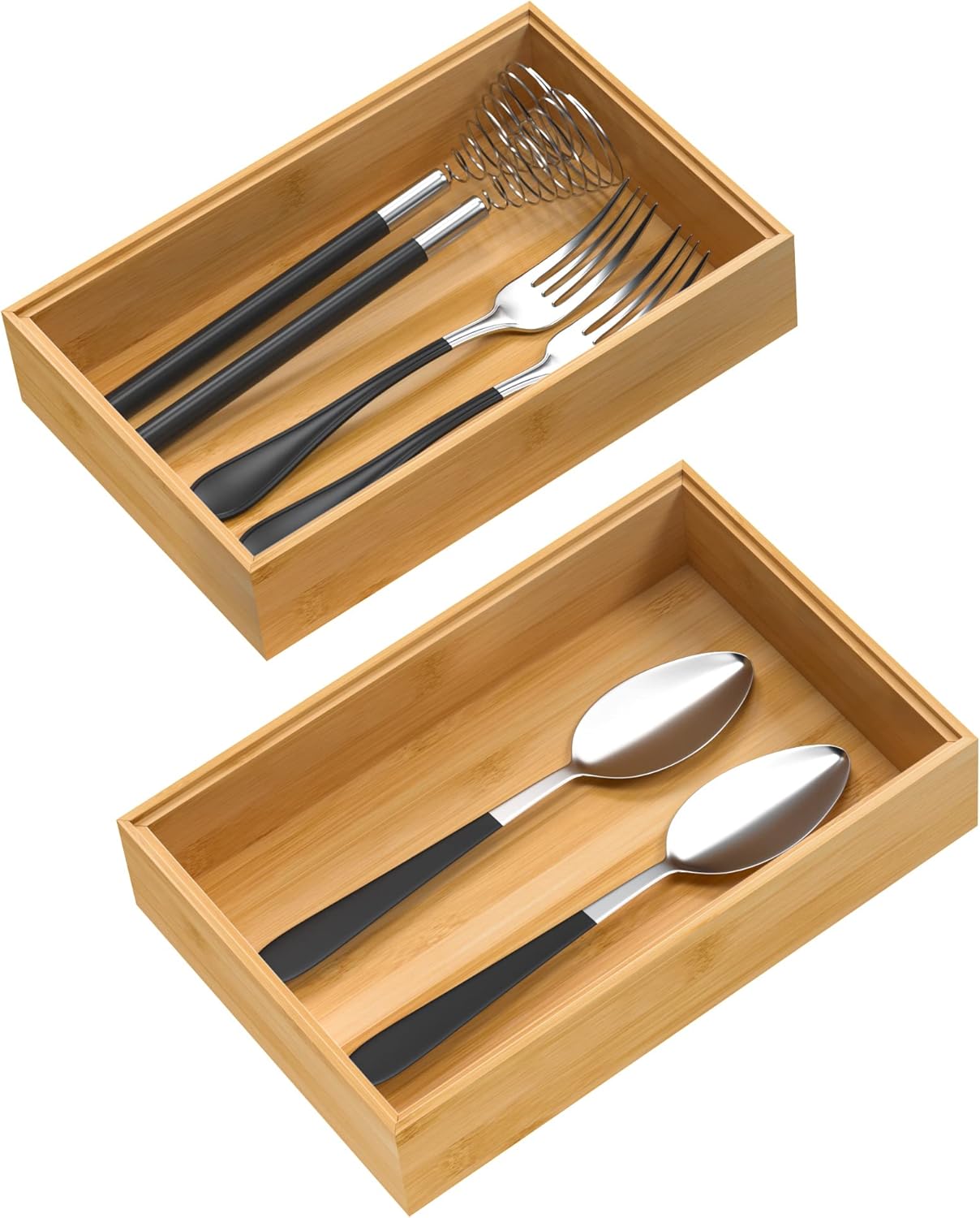 VeyFey Bamboo Drawer Organizer, Stackable Utensil Organizer for Kitchen, Bamboo Storage Box Wood Silverware Tray for Drawer 15" x 6" x 2" Set of 2