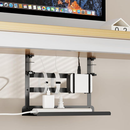 YECAYE Under Desk Cable Management Tray, No Drill Clamp Mount Metal Cable Management Tray with Desk Protection Pads, Under Desk Organizer Easy Installation with Hook & Loop Straps for Home Office
