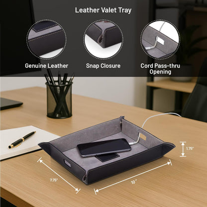 Bey-Berk Alex Leather Valet Tray (Navy), 10" x 7.75" Nightstand and Desk Catchall, Genuine Leather Snap-Corner EDC Organizer and Phone Charging Tray