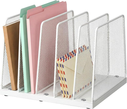 LEKETREE Desk File Organizer, 5-Section Upright File Sorter, Vertical File Folder Holder, Mesh Metal Wood Office Desktop Organization for Document, Magazine, Books and more (Wood and Black)