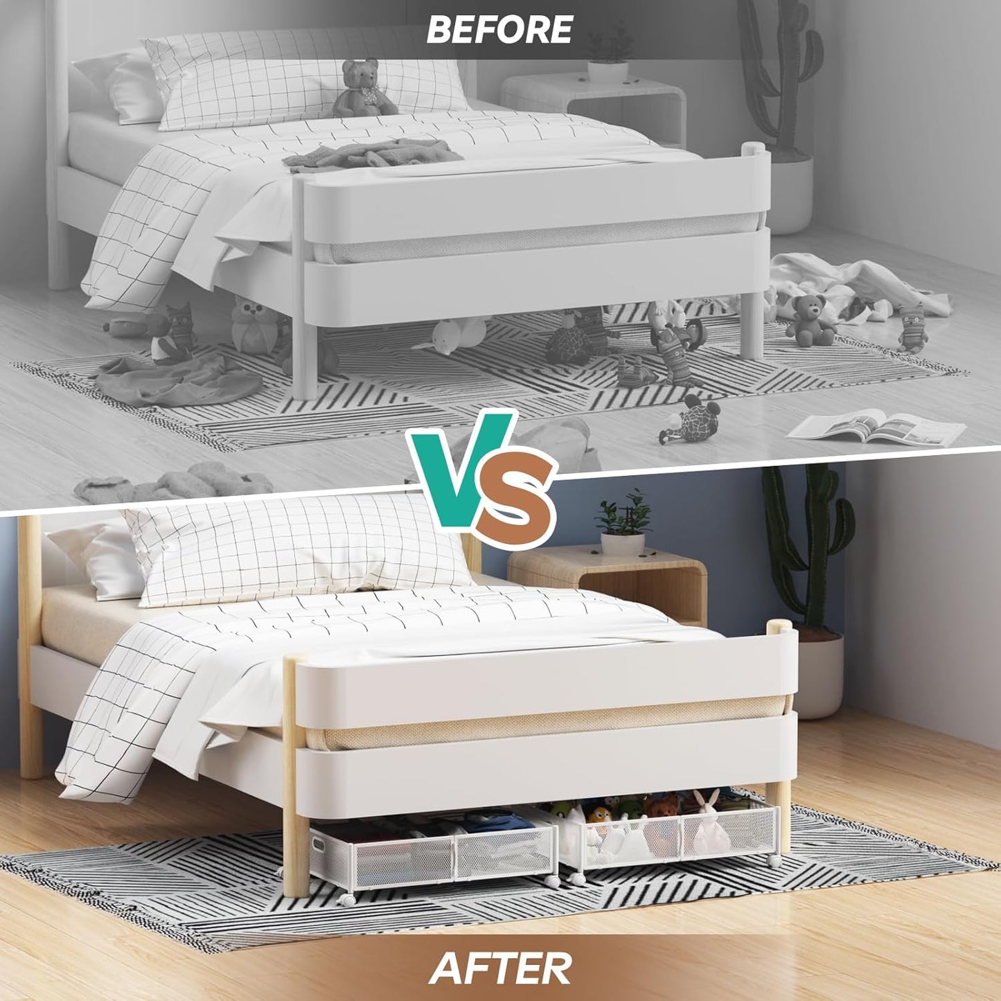 PHINOX Under Bed Storage Containers with Wheels, Under Bed Shoe Storage Organizer Drawer, Tool-free Assembly Metal Storage Containers for Bedroom Clothes Shoes Blankets -2PCK