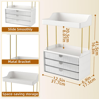 StorBin 3 Large Drawers Makeup Organizer - 5 Tier Bathroom Counter Organizers and Storage, Versatile Perfume Vanity Organizer, Ideal for Cosmetic, Large Skincare, Face Mask, Office Supplies, Amber