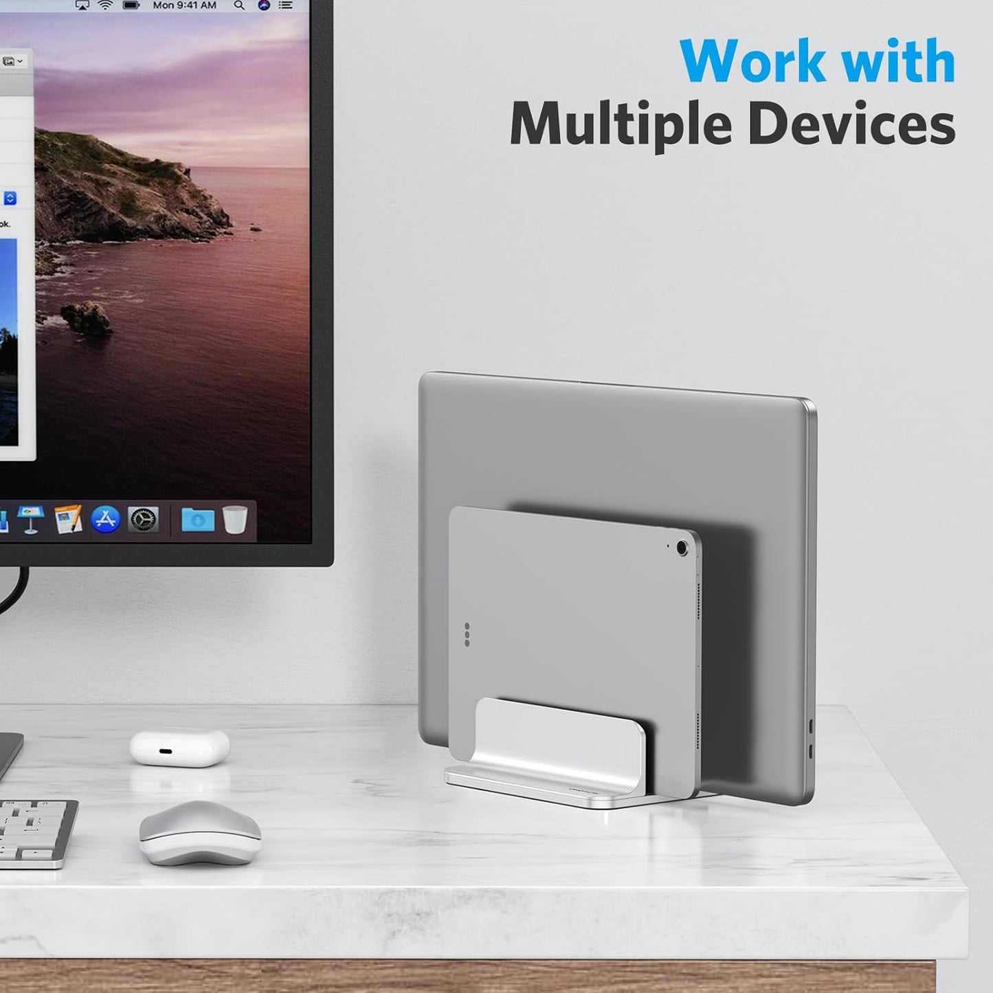 OMOTON Vertical Laptop Stand [Updated 3-Slots Version], Desktop Aluminum Mac Book Stand with Adjustable Dock Size, Fits All Mac Book, Chrome Book and Gaming Laptops (Up to 17.3 inch), Starlight