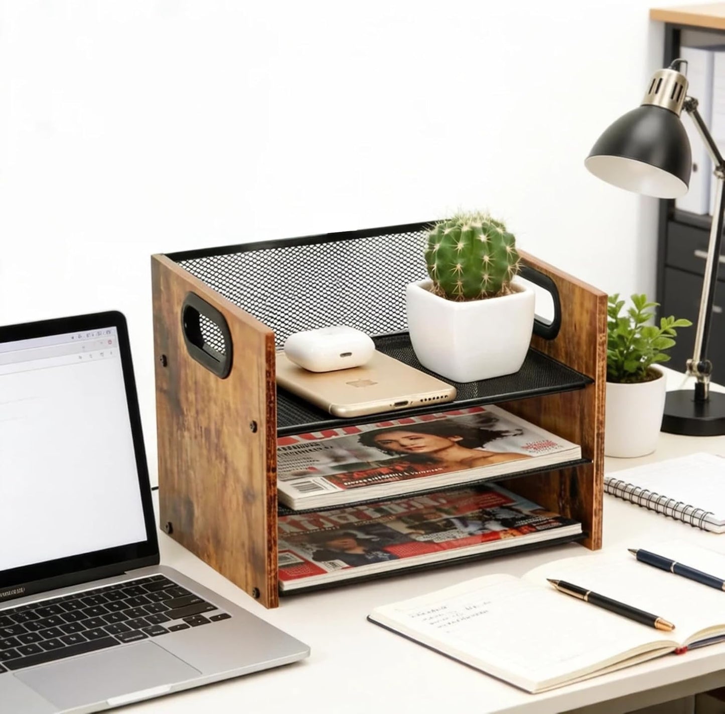 Wood Desk Organizer - 3-Tier Desktop File Organizer with Drawer, Wooden Paper Tray, Office Desk Organzier and Accessories for Papers, Mail, Notebooks, Stationery