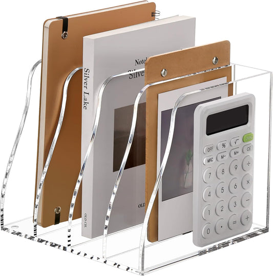 SANRUI Acrylic Desk File Organizer, 6 Vertical Compartments Clear Magazine File Holder Workspace Sorters, Folder Rack for Office Accessories Organization Storage