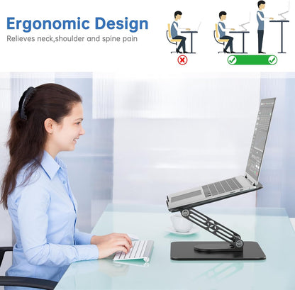 Laptop Stand for Desk Adjustable Computer Stand with 360 Rotating Base Ergonomic Laptop Riser Mount for Desk Foldable Protable Computer Desk Fits with MacBook Pro Air, Round Black
