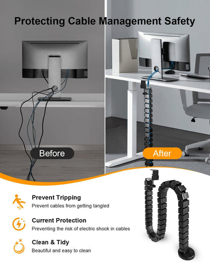 No Drill Clamp-On Under Desk Cable Management Kit, Adjustable Vertebrae Cord Organizer, Flexible Under Desk Wire Management for Standing Desk, Black