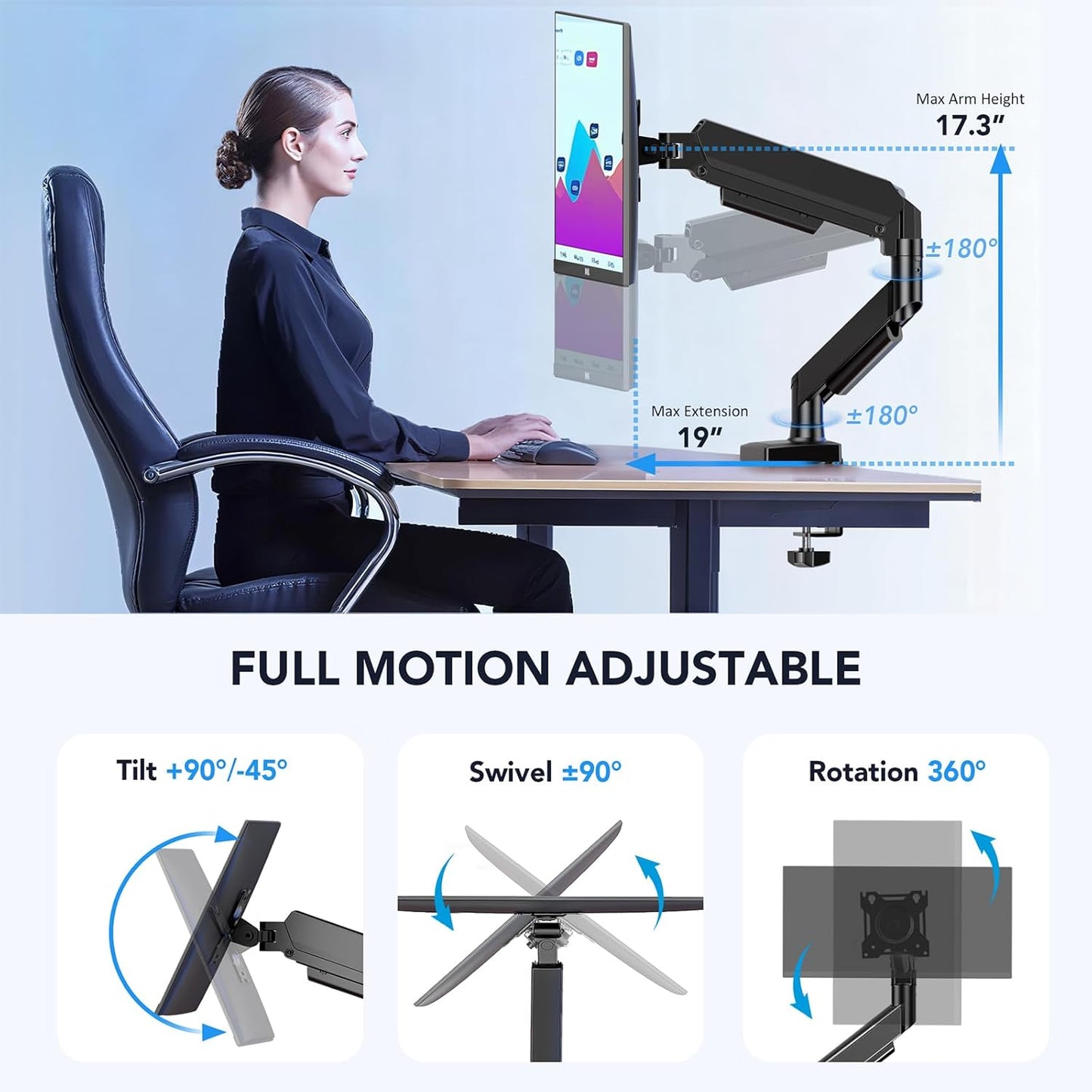 AX WABER Single Monitor Desk Stand Free-Standing Desk Mount Arm Riser for 13 inch to 32 inch Screen Freestanding VESA Mount Base, Adjustable Height, Tilt, Swivel, Rotation, Black AX05TB01