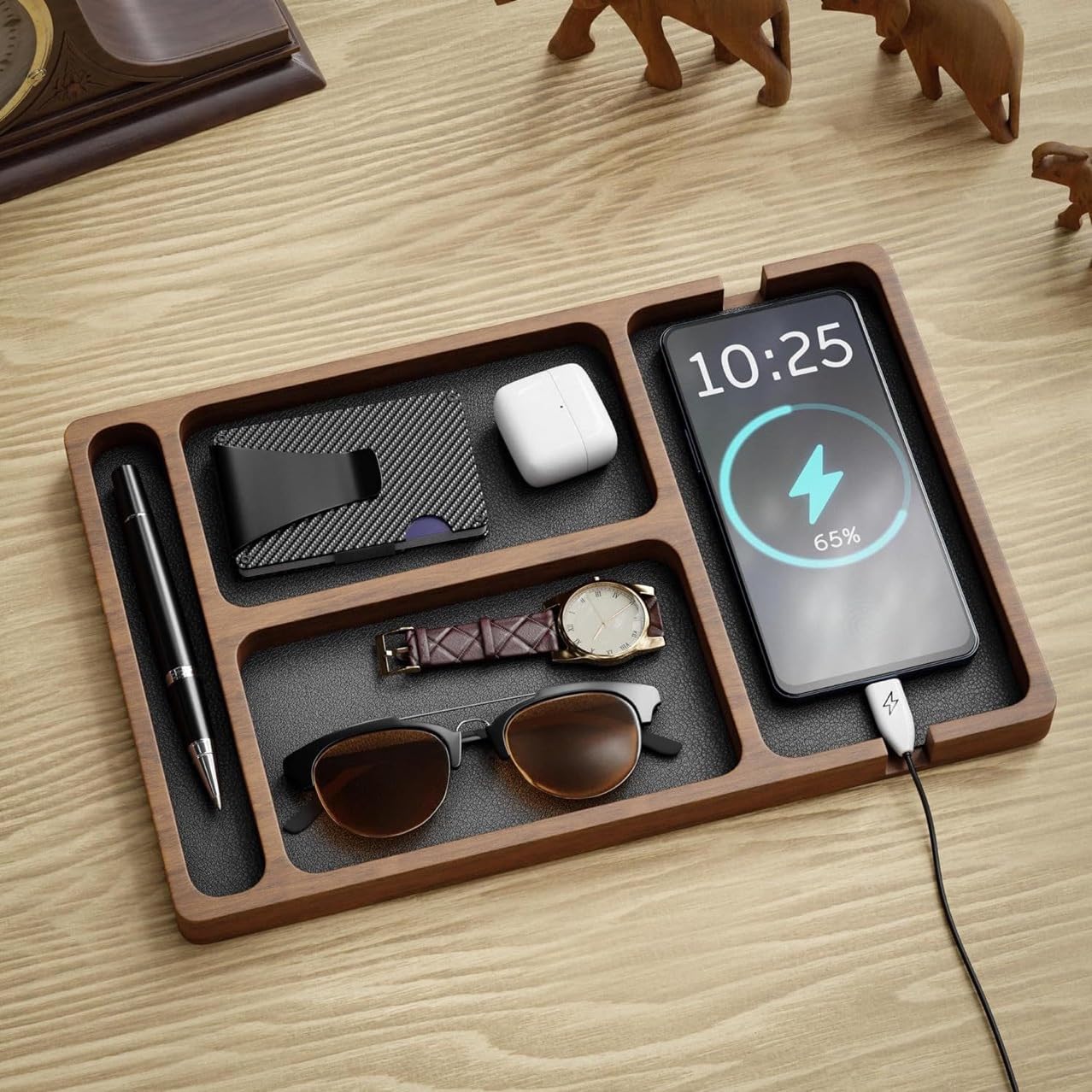 Wooden Valet Tray for Men, Nightstand Organizer with Compartments, EDC Catch All Tray for Keys, Wallet, Watch, Phone, Jewelry, Dresser Desk Organizer