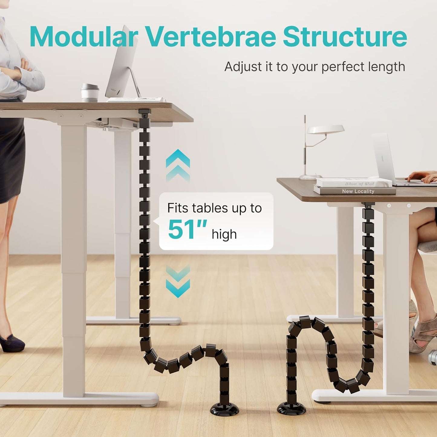 PEGZONE Under Desk Cable Management Spine – Flexible Cable Snake Organizer for Standing Desk, Tool-Free Magnetic Vertebrae Wire Management for 0.4"-2" Table, White