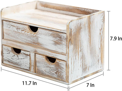 Rustic Distressed white 3-Tier Bamboo Desk Organizer with 3 Drawers Mini Storage Shelf For Desk, Toiletries Vanity Office Supplies (bamboo)