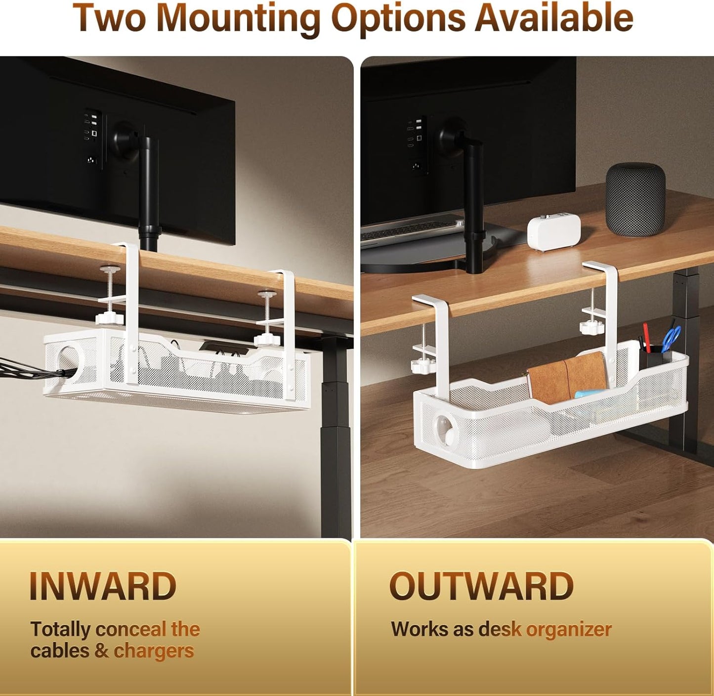 Under Desk Cable Management Tray White, Cinati Wire Organizers No Drill, Cable Tray with Clamp for Wire Management, Cord Organization Box for Office, Home - No Damage to Desk