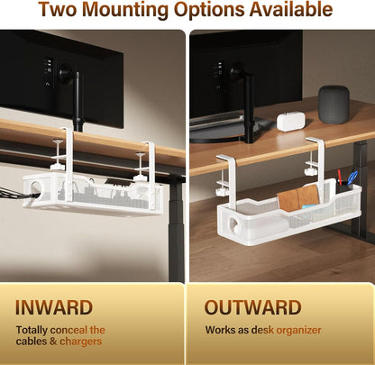Under Desk Cable Management Tray White, Cinati Wire Organizers No Drill, Cable Tray with Clamp for Wire Management, Cord Organization Box for Office, Home - No Damage to Desk