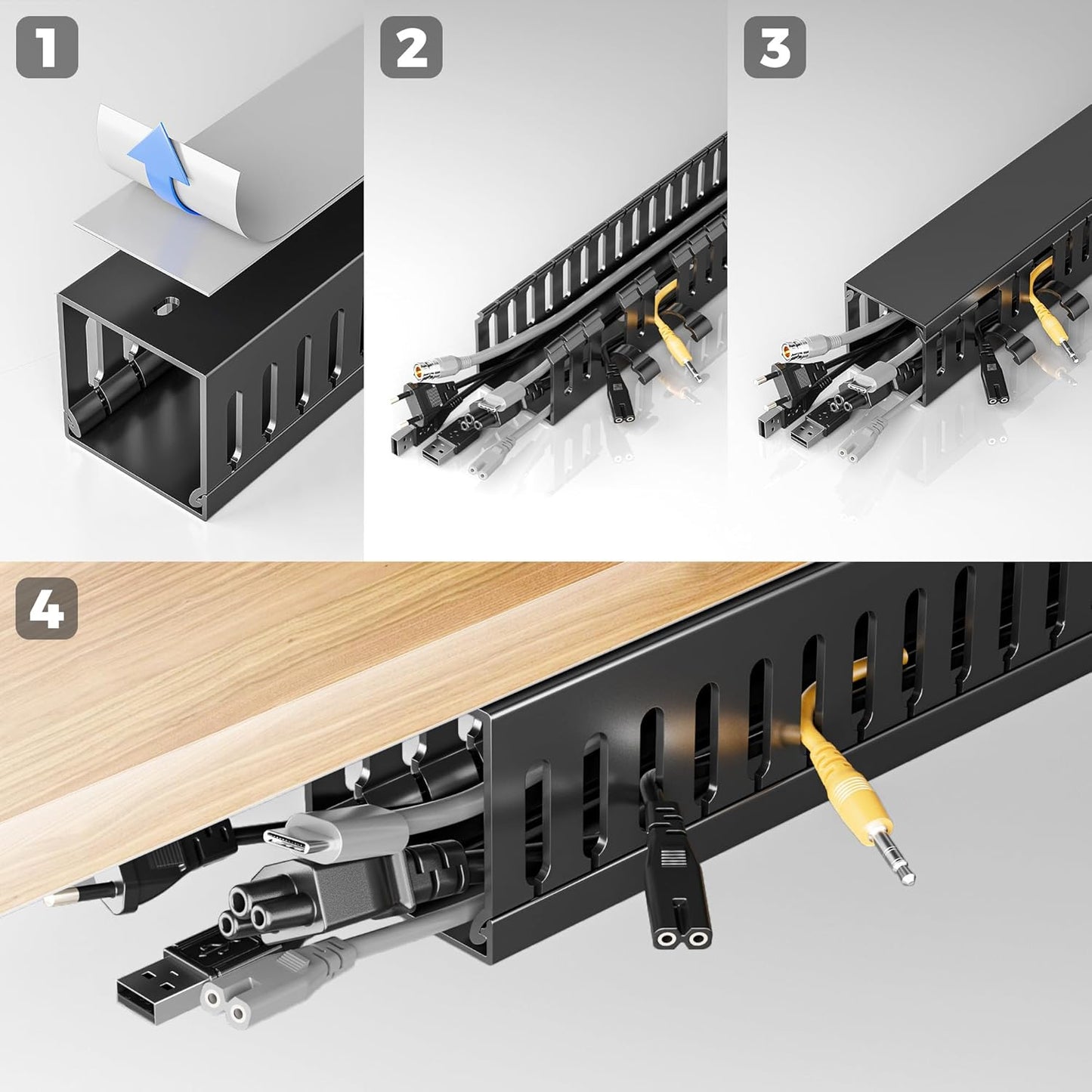 Yecaye 62.8in(4x15.7in) Cable Raceway, Large Under Desk Cable Management for Server Rack Wire Raceway, Wire Management Tray, Cord Organizer for Gaming Desk, Black