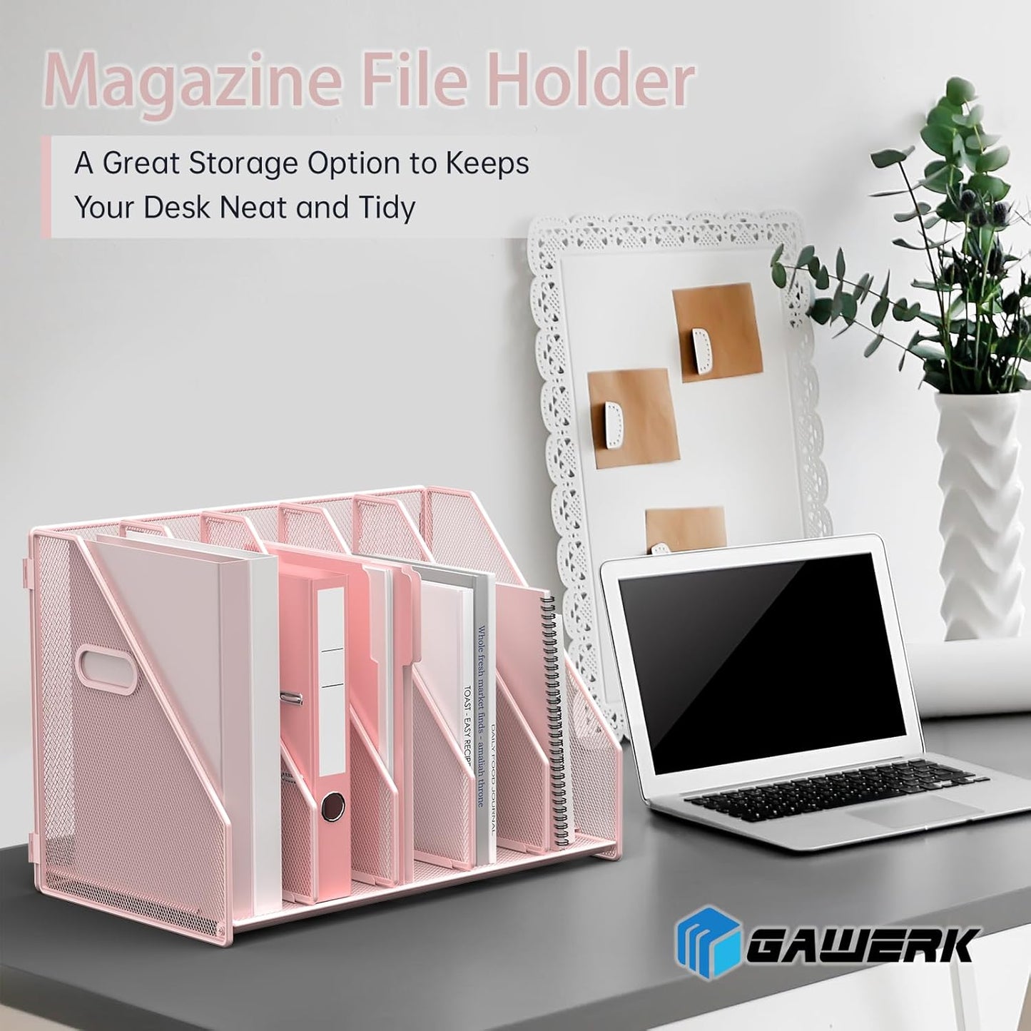 MINDEPOT Desk File Organizer Metal Desk Magazine Folder Holder with 5 Vertical Compartments Rack File Organizer for Office, Home, School, Black
