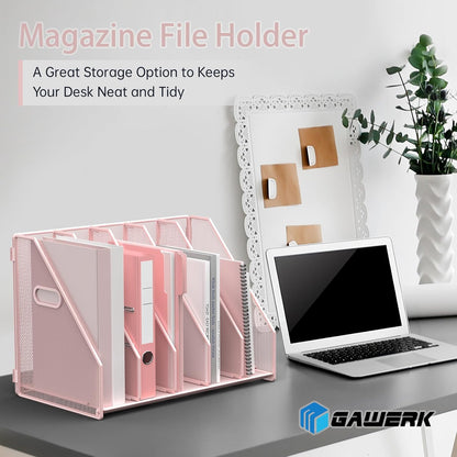 MINDEPOT Desk File Organizer Metal Desk Magazine Folder Holder with 5 Vertical Compartments Rack File Organizer for Office, Home, School, Black
