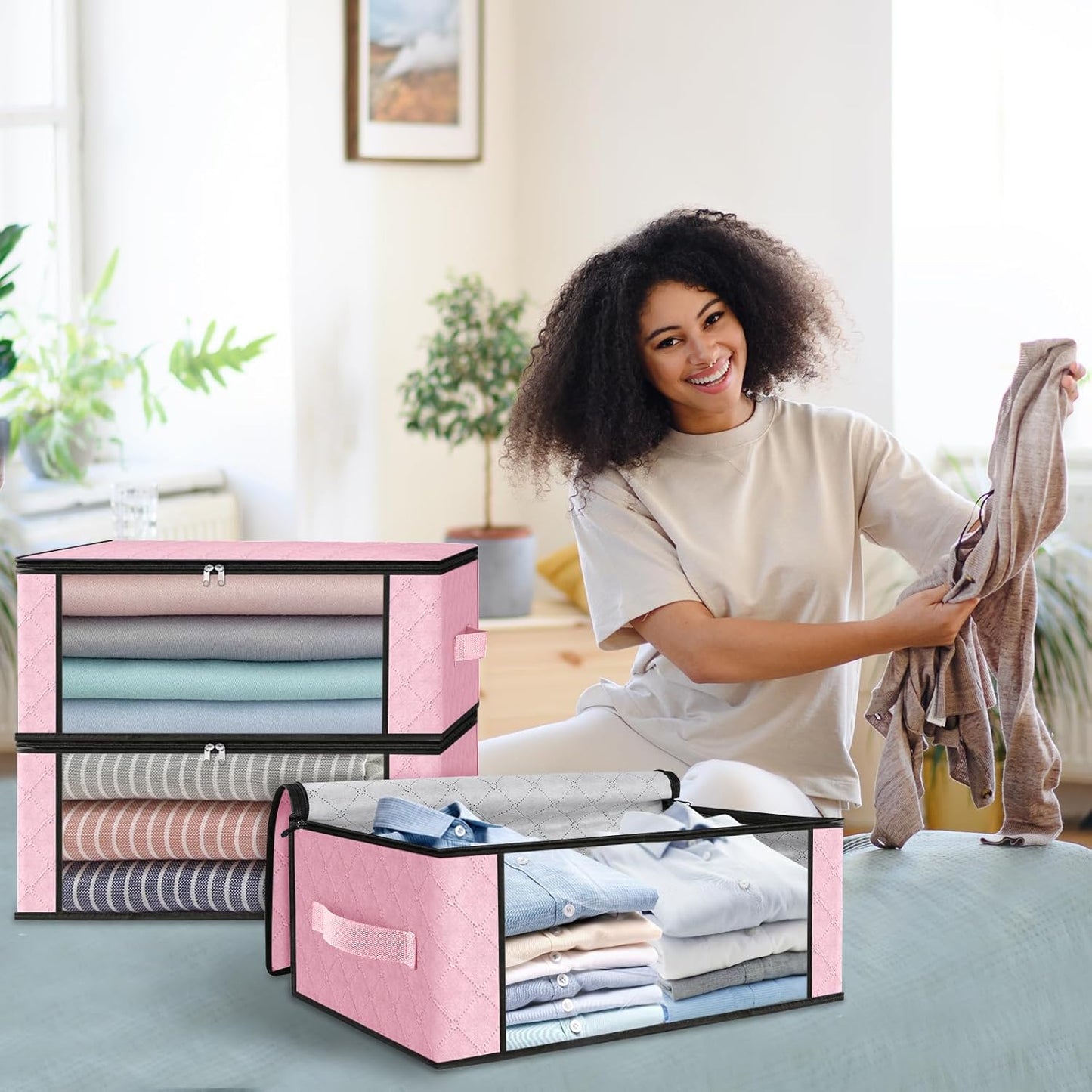 HomeHacks Storage 3-Pack Clothes Organizer Storage Bags Foldable Storage Box with Large Clear Window Sturdy Handles for Closet, Dorm, Pillows, Bedding, Clothes, Blankets, 35L, Gray