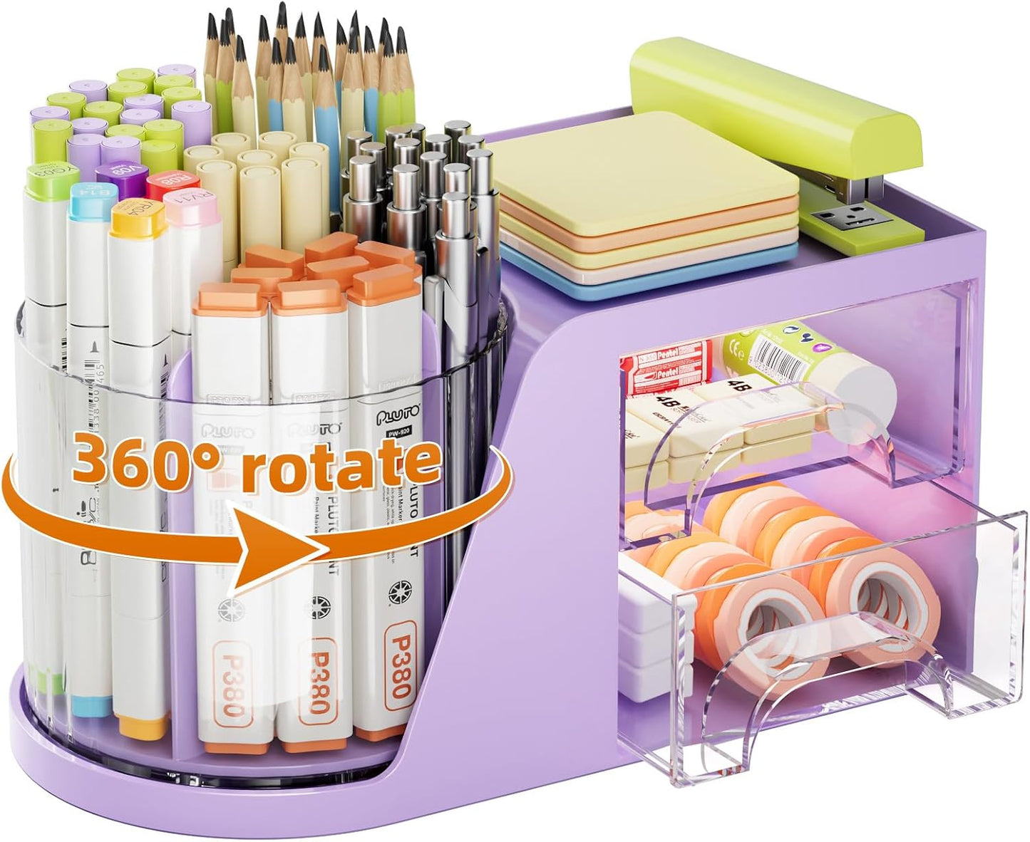 Marbrasse Desk Organizer with 2 Drawer, 360°Rotating Pen Holder, Desk Organizers and Accessories with 6 Slots Pencil Organizer + 2 Drawer, Art Supply Storage Box Caddy for Office (White)