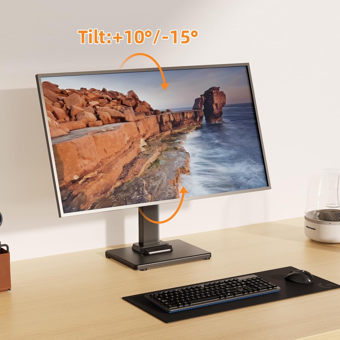 Suptek Single LCD Computer Monitor Free-Standing Desk Stand Mount Riser for 13 Inch to 43 Inch Screen with Swivel, Height Adjustable, Rotation, 50, 75, 100mm VESA Base Stand, Black