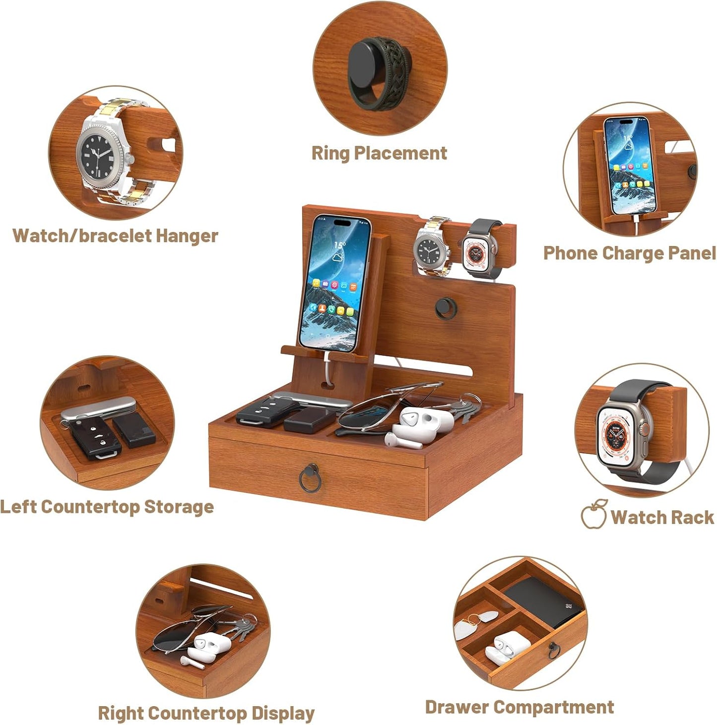 Wood Phone Docking Station with USB Ports and Outlets, Nightstand Organizer with Charging Station, Bedside Organizer with Drawer for Watch & Accessories, Christmas Anniversary Birthday Gifts for Men