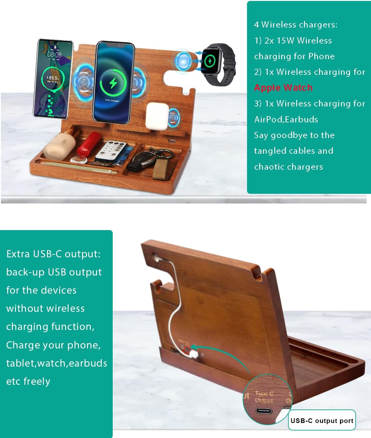 Nightstand Organizer with 4 Wireless Charger for 2 iPhone/Android Phone,Apple Watch,Airpod,Wood Phone Docking Station,27W Fast Wireless Charging Station,Wallet/Key Holder,Gifts for Dad/Men