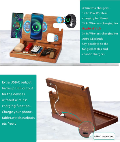 Nightstand Organizer with 4 Wireless Charger for 2 iPhone/Android Phone,Apple Watch,Airpod,Wood Phone Docking Station,27W Fast Wireless Charging Station,Wallet/Key Holder,Gifts for Dad/Men