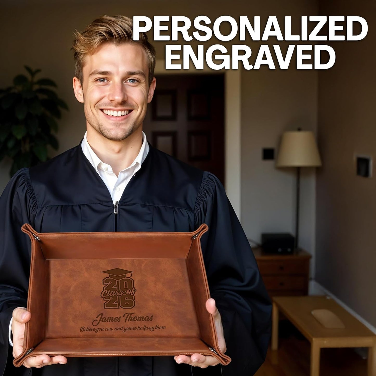 Personalized Engraved Leather Tray for Men with Engraved Name, PU Leather Valet Organizer for Dad, Custom Gift for Him, Custom Catchall Tray for Desk, Office, Accessories Travel Organizer for Men