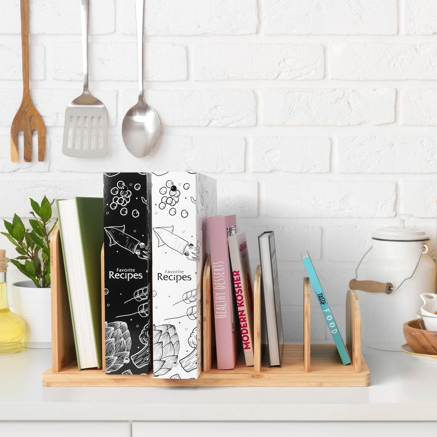 Cook Book Organizer, 4 Sections, Recipe Book Holder Rack, Tabletop Stand for Convenient Cookbook Storage, Vertical Cook Book Stand Kitchen, Binder Holder for Desk & Countertop (Bamboo)