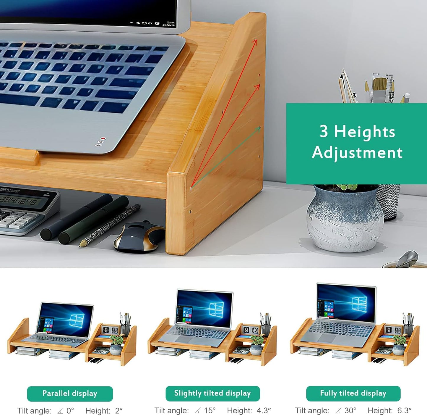 Ufine Bamboo Laptop Stand for Desk 3 Heights Adjustable Notebook Stand Computer Monitor Riser with 2 Tier Storage Shelf, Desktop Organizer Printer Stand for Home Office