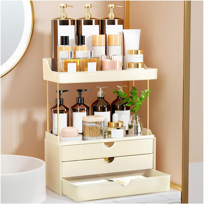 StorBin 3 Large Drawers Makeup Organizer - 5 Tier Bathroom Counter Organizers and Storage, Versatile Perfume Vanity Organizer, Ideal for Cosmetic, Large Skincare, Face Mask, Office Supplies, Amber