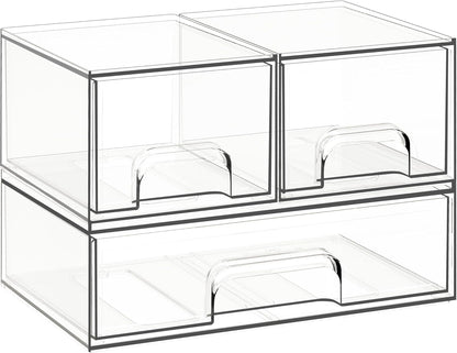 Criusia Stackable Storage Drawers, 4 Pack Clear Plastic Makeup & Bathroom Organizer, Versatile Storage Bins for Vanity, Under Sink, Kitchen Cabinets & Pantry