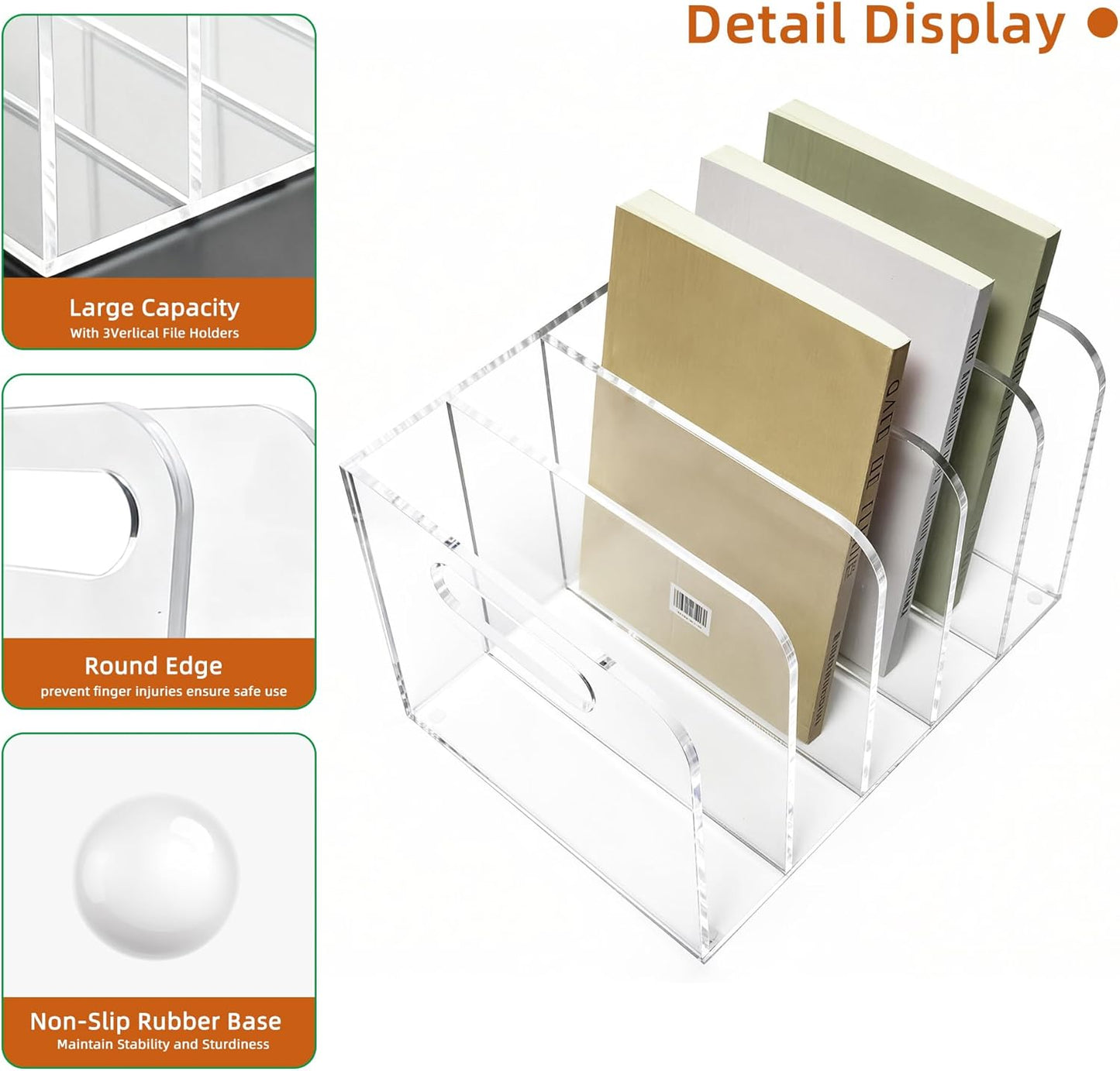Acrylic Magazine File Holder, 3 Vertical Compartments Desk Document Sorter Organizer, Clear Folder Rack Binder for Office/Documents/Classroom, for Home, Tablet, Magazines, Books & Accessories